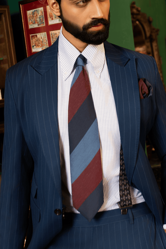 Maroon Navy Block Striped Cashmere Tie Set