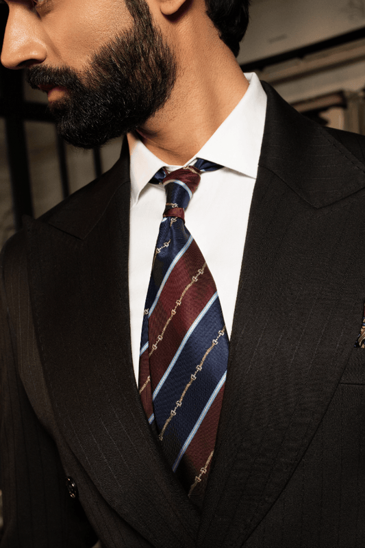 Horsebit Navy And Maroon Striped Tie Set