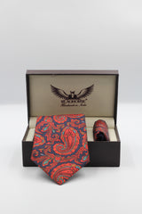 Red and Navy Paisley Silk Tie Set