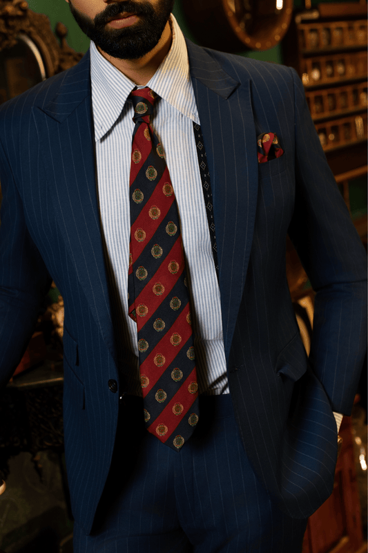 Maroon And Navy Striped Emblem Tie Set