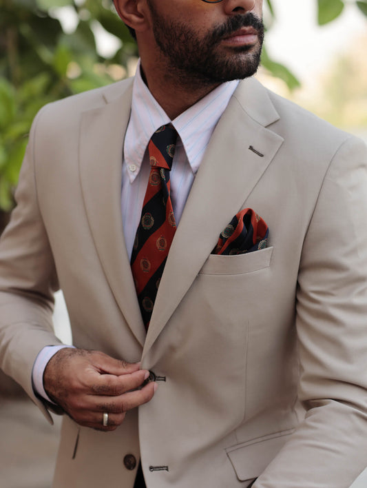 Orange And Navy Striped Emblem Tie Set