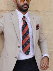 Orange And Navy Striped Emblem Tie Set