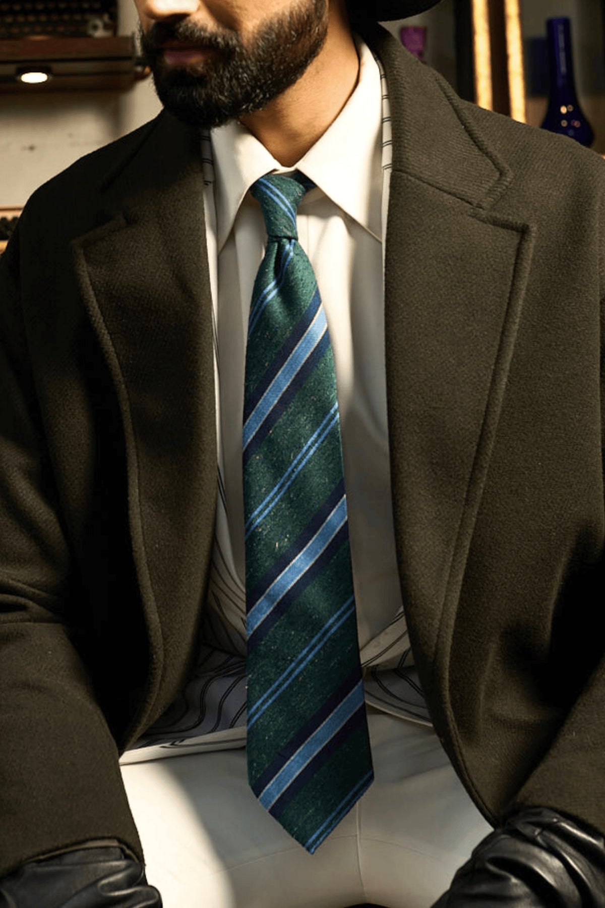 Green And Grey Striped Cashmere Tie Set