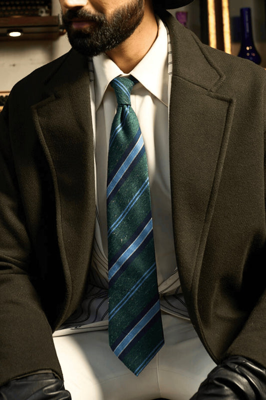 Green And Grey Striped Cashmere Tie Set