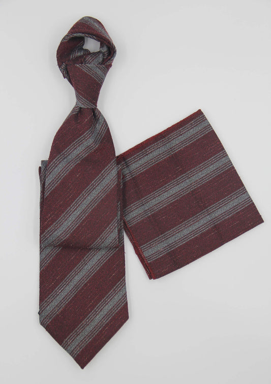 Maroon Grey Striped Cashmere Tie Set