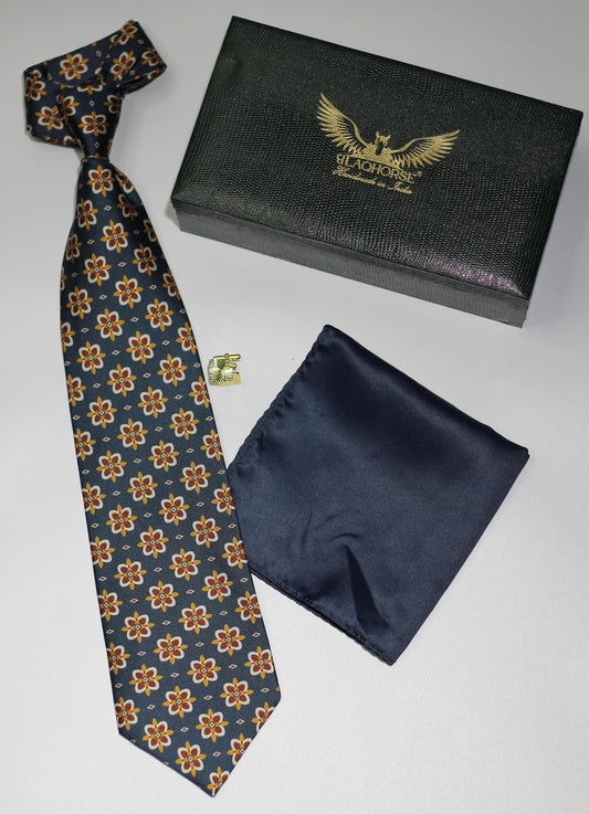 Peacock Blue Floral  Silk Tie Set