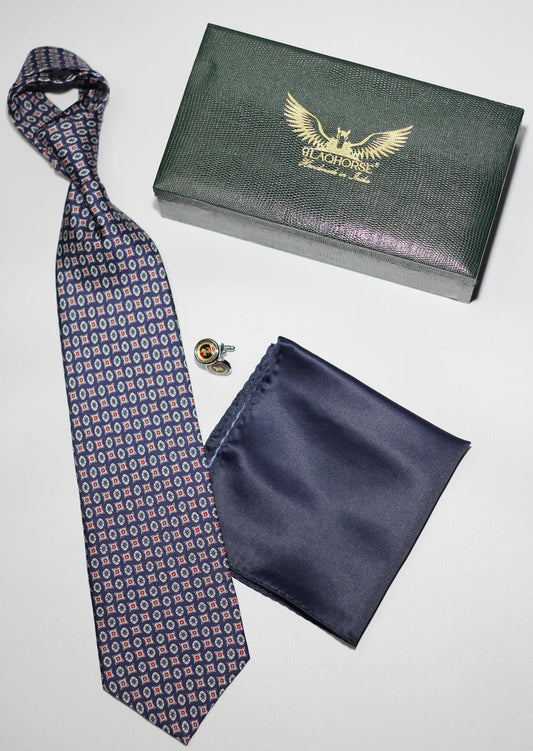 Navy Blue Geometric Silk Tie Set