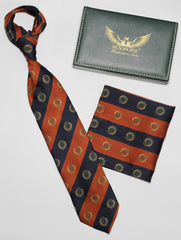 Orange And Navy Striped Emblem Tie Set