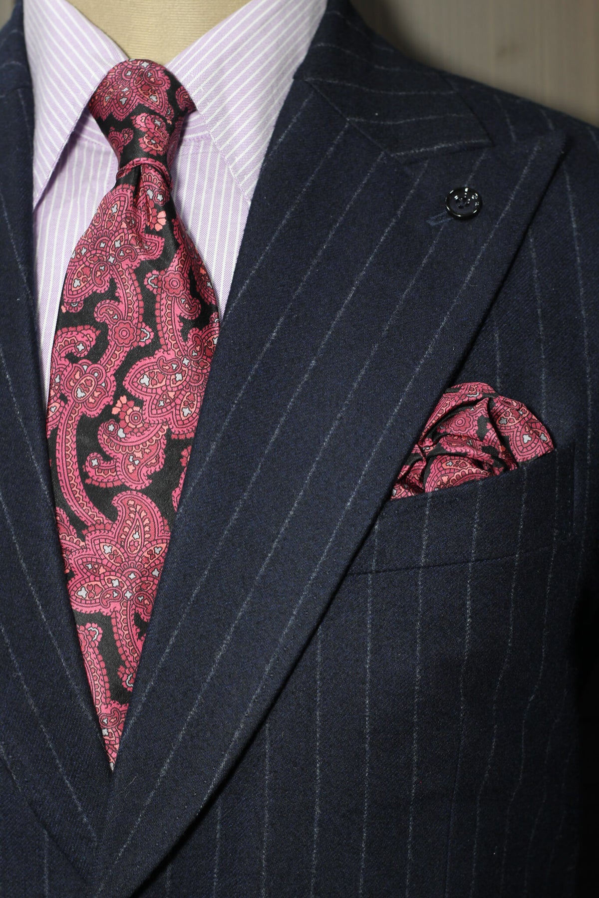 Pink On Black Floral Paisley Silk Tie Set