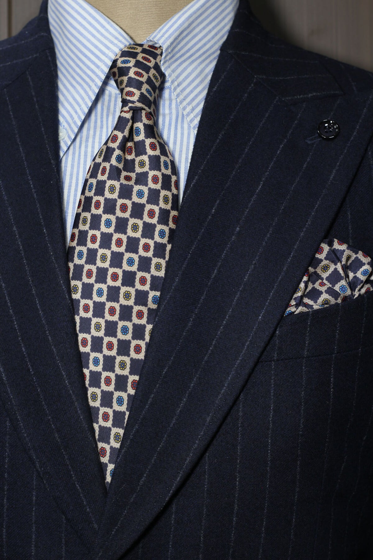 Navy Multicolor Floral Checkered Silk Tie Set