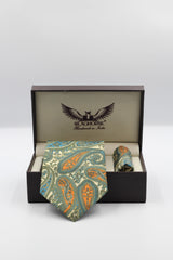 Lemon And Sage Green Paisley Silk Tie Set