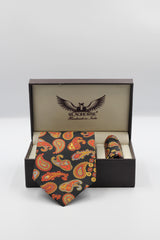 Rust On Black Paisley Medallion Silk Tie Set