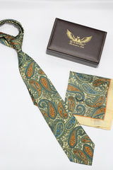 Lemon And Sage Green Paisley Silk Tie Set