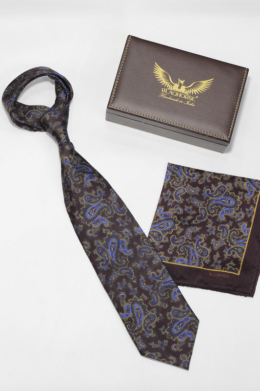 Wine And Blue Small Paisley Silk Tie Set