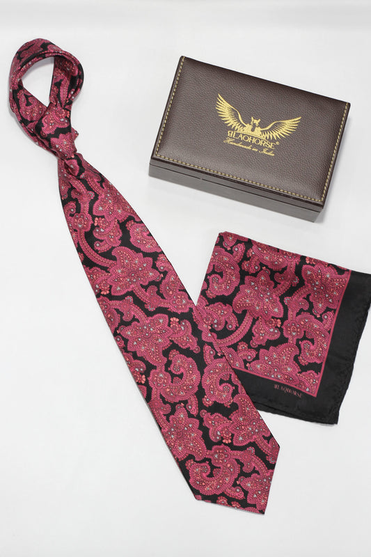 Pink On Black Floral Paisley Silk Tie Set