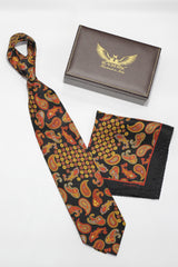 Rust On Black Paisley Medallion Silk Tie Set