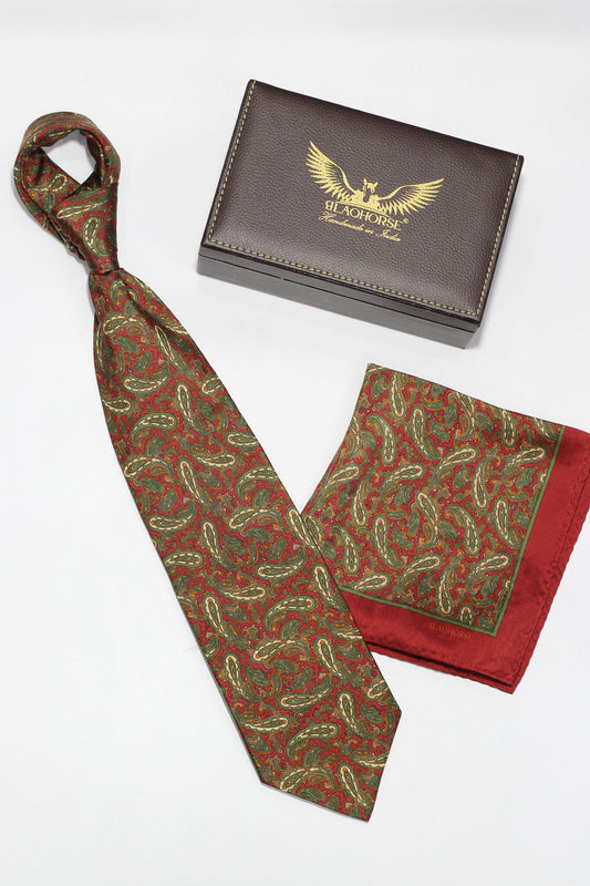 Red And Green Vintage Paisley Silk Tie Set