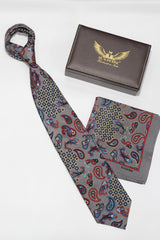 Grey And Blue Paisley Mandala Silk Tie Set