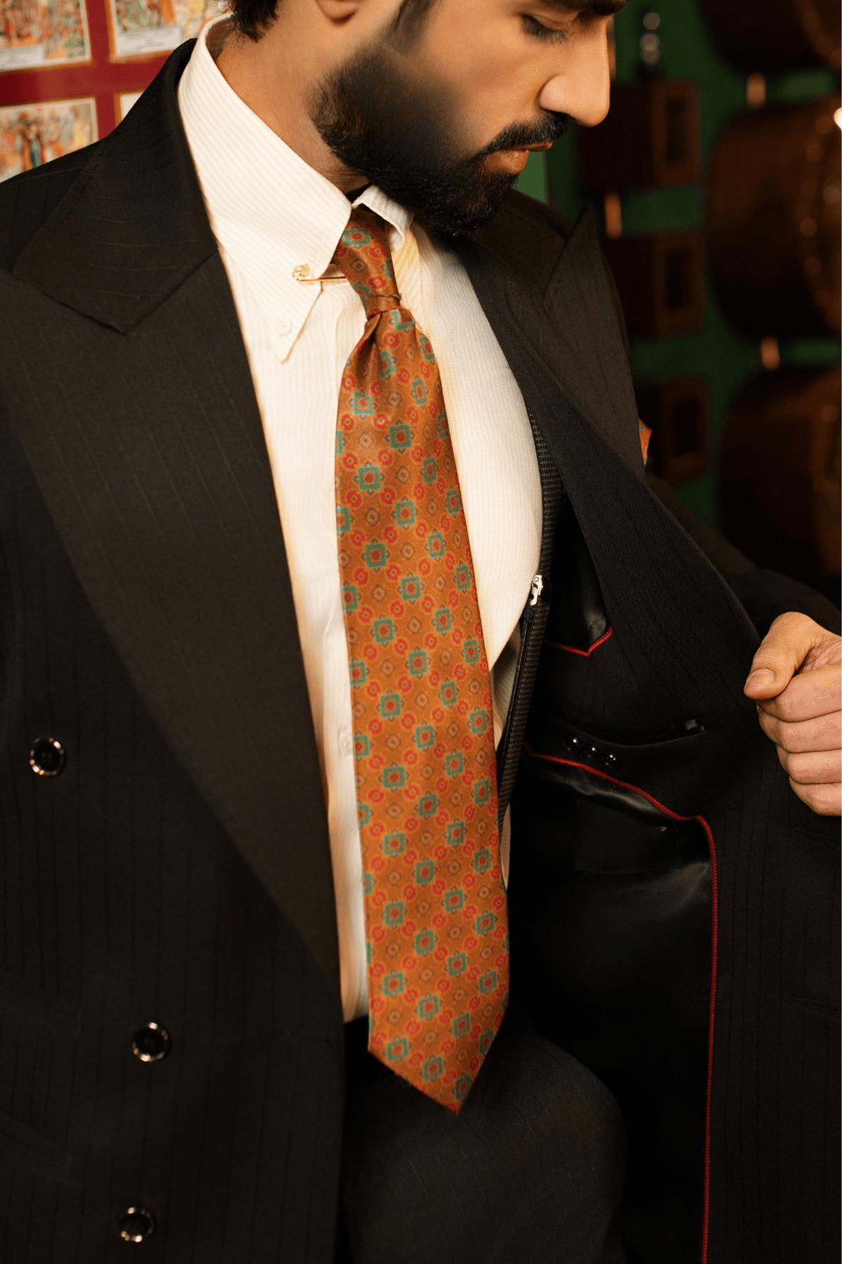 Green on Rust Mandala Silk Tie Set