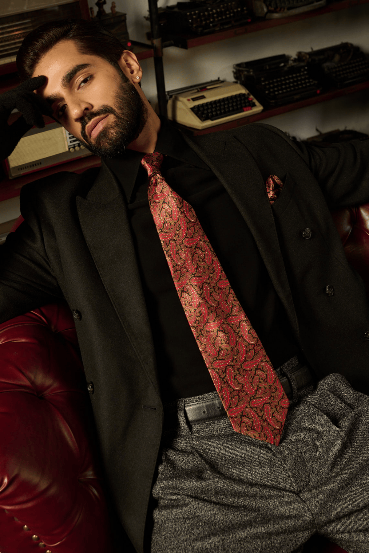 Pink on Black Paisley Silk Tie Set