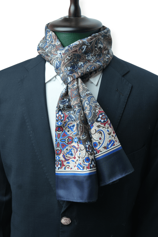 Beige and Blue Ornate Long Scarf